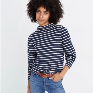 Madewell Gathered Sleeve Mockneck Top in Stripe Blue White